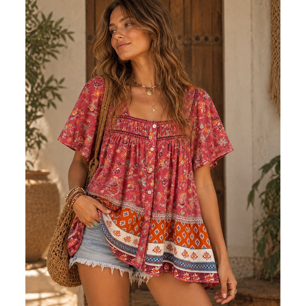 BeachLunchLounge S Floral Boho Tunic Top Pink Orange Border Print